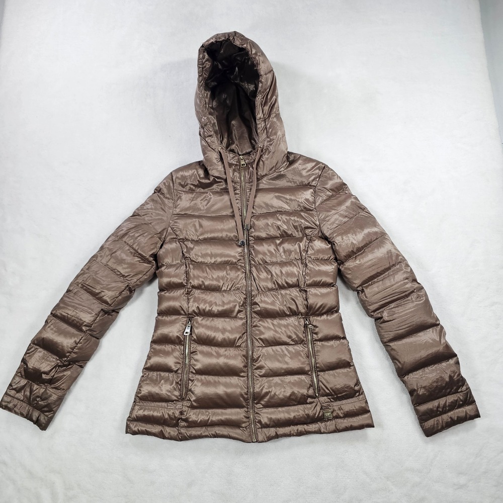 Andrew Marc Puffer Jacket Womens XS Brown Excellent Packable Down Hooded Hood